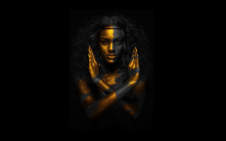 Woman hands face yellow stripes - her arm and chest free wallpaper