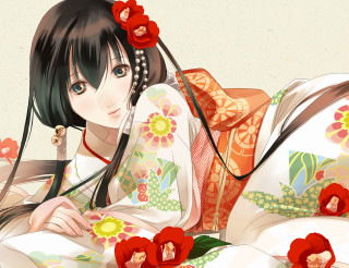 Woman kimono bed flowers hair - her hair and a flower free wallpaper