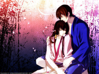 Anime couple bench colorful background - shin hanga free wallpaper