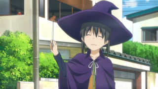 Woman witches costume broom building - a tree in the background free wallpaper