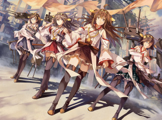 Anime girls city skyline flags - a group of anime girls free wallpaper