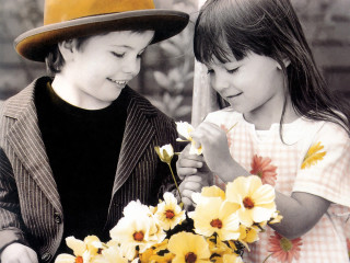 Boy girl looking vase flowers - their head free wallpaper