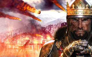Man helmet armor sword city - his hand and a city in the background free wallpaper