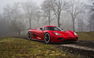 Red sports car foggy forest 2 - matte finish free wallpaper