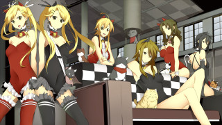 Anime girls table checkered floor - a table together free wallpaper