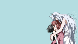 Anime couple hugging blue sky - a sky background behind them free wallpaper