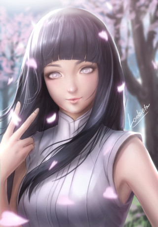 Woman blackhair whiteshirt cherryblossoms manga - digital art free wallpaper