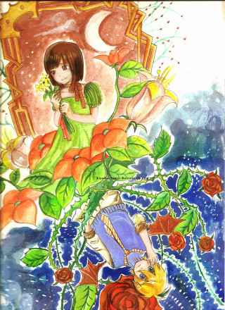 Girl sitting chair flowers hand - storybook illustration free wallpaper