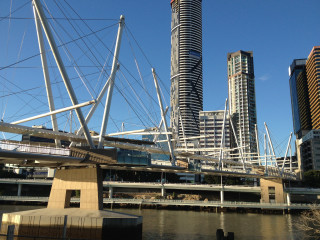 Bridge train building blue sky - deconstructivism free wallpaper