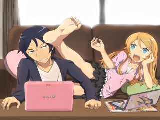 Couple couch laptop computer floor - a detailed drawing free wallpaper