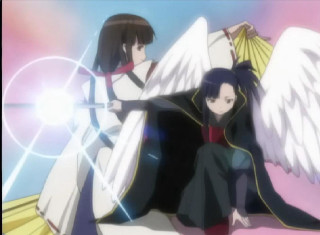 Anime characters sitting bed wings - their back free wallpaper