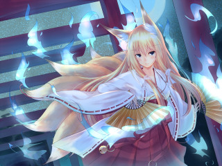 Anime fox girl blonde hakama - a white dress holding free wallpaper