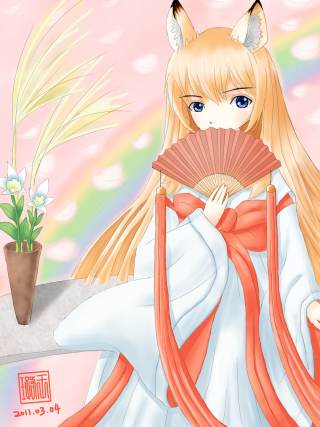 Girl long hair fan flower - anime art free wallpaper