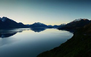 Lake mountains forest sunset blue - a matte painting free wallpaper for desktop