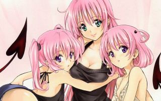 Three anime girls pink hair 3 - a picture together free wallpaper