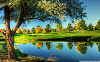 Golf course pond trees green 2 - impressionist free wallpaper