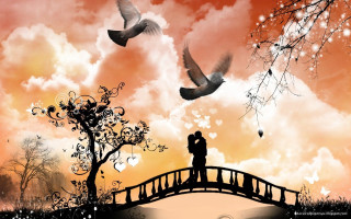 Couple kissing bridge birds sunset 6 - cloud and a tree free wallpaper