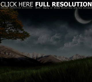 Full moon grassy hill tree - a detailed matte painting free wallpaper