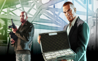 Men briefcase money gun holding - ultra realistic face free wallpaper