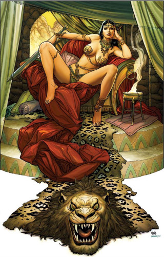 Woman red dress leopard head - donato giancola free wallpaper
