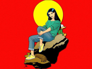 Woman dog cat rock sitting - alan davis free wallpaper