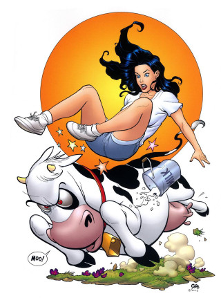 Cartoon woman riding cow with - her back free wallpaper
