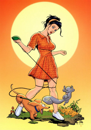 Woman dress walking dog leash - figurative art free wallpaper