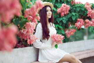 Woman white dress straw hat 3 - a bench free wallpaper