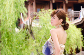 Woman dress fan building tree - fei danxu free wallpaper