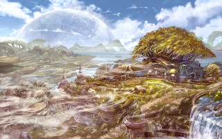 House island waterfall background painting - a painting of a house free wallpaper