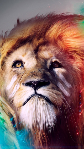 Lion colorful mane blue background - digital painting free wallpaper