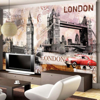 Living room london mural red - free city wallpaper