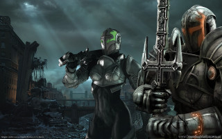Futuristic suits weapon city night - a dark sky in the background free wallpaper