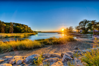 River sunset grass banks rocks - the bank free wallpaper