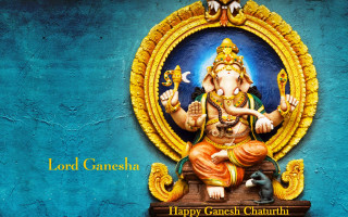 Ganesha statue blue background gold - a poster free wallpaper