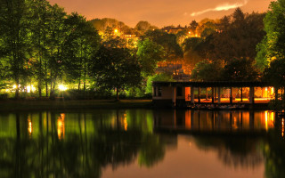 Boathouse night water trees hill - the waters edge free wallpaper