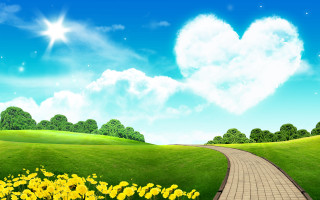 Path heart cloud field flowers - naive free wallpaper