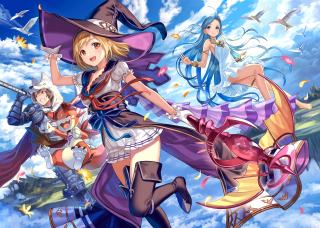 Anime characters flying sky background - official art free wallpaper for desktop