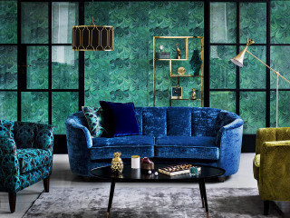 Livingroom bluecouch greenwallpaper coffeetable lamp - a lamp free wallpaper