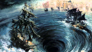 Pirate ship storm ocean city - matte painting concept art free wallpaper