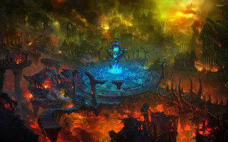Fountain fire flames cityscape painting - chris rahn free wallpaper