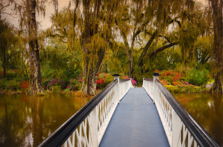 Bridge water trees flowers background - impressionist painting free wallpaper