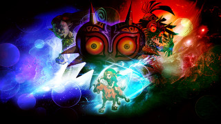 Colorful person helmet sword demon - his hand and a demon in the background free wallpaper