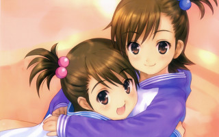 Girls hugging cartoon ponytails image - young free wallpaper