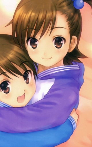 Anime girls hugging beach pink - a sky background behind them free wallpaper