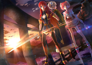 Anime girls sunset tree sword - a group of anime girls free wallpaper