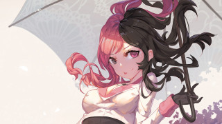 Woman pink hair umbrella rain - a detailed painting free wallpaper