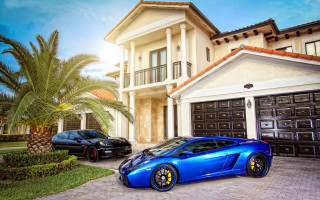 Blue sports car house parking - luxury free wallpaper
