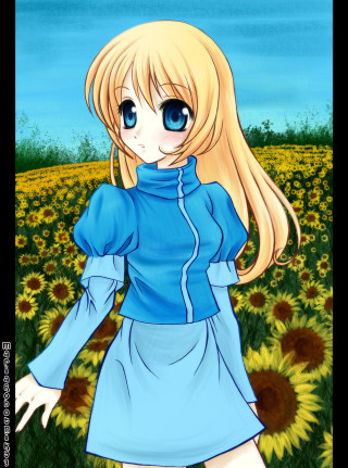Girl blue dress sunflowers hands - her hip free wallpaper