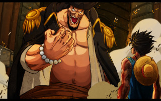 Cartoon man hat demon sword - his hand and another man free wallpaper